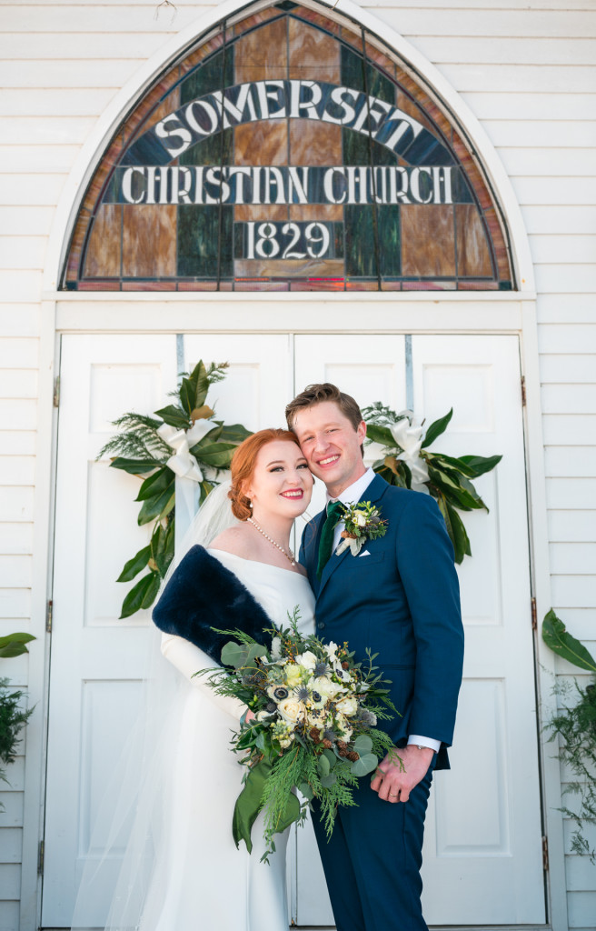 Bride and Groom in front of Somerset Christian Church in Mt Sterling KY