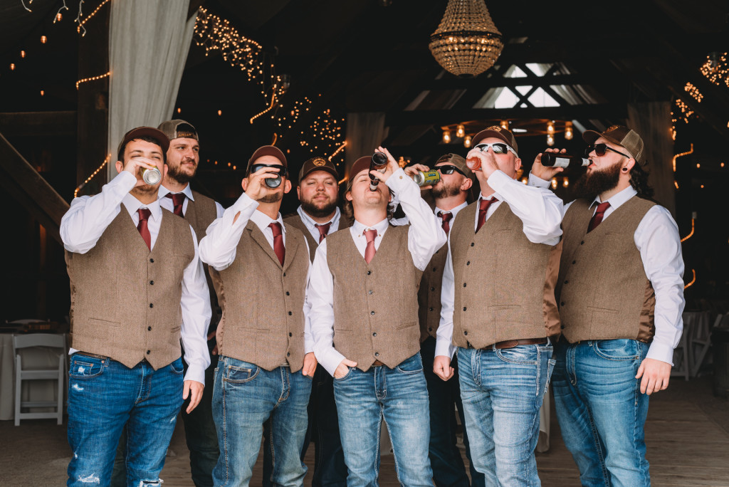 Groom and Groomsmen toasting at AshWood on Antioch Barn