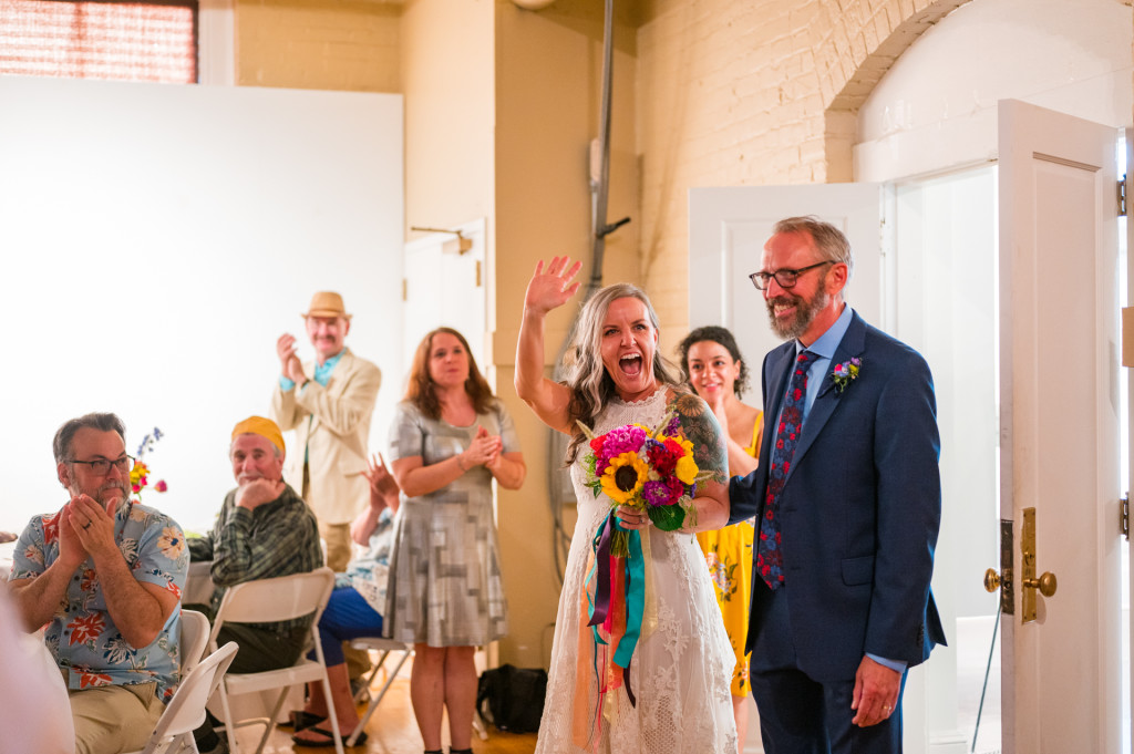 bride and groom entering reception at ArtsPlace in Lexington, KY